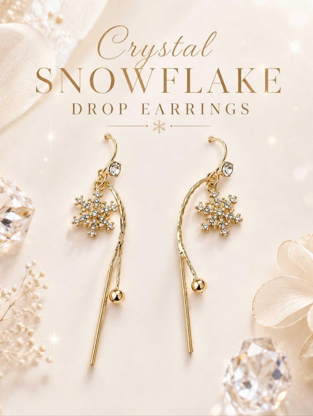 Crystal Snowflake Drop Earrings With Chain - Gold
